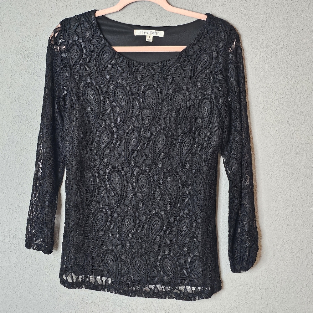 TravelSmith Shirt Womens Small Lace Long Sleeve Paisley Semi Sheer Lined Top